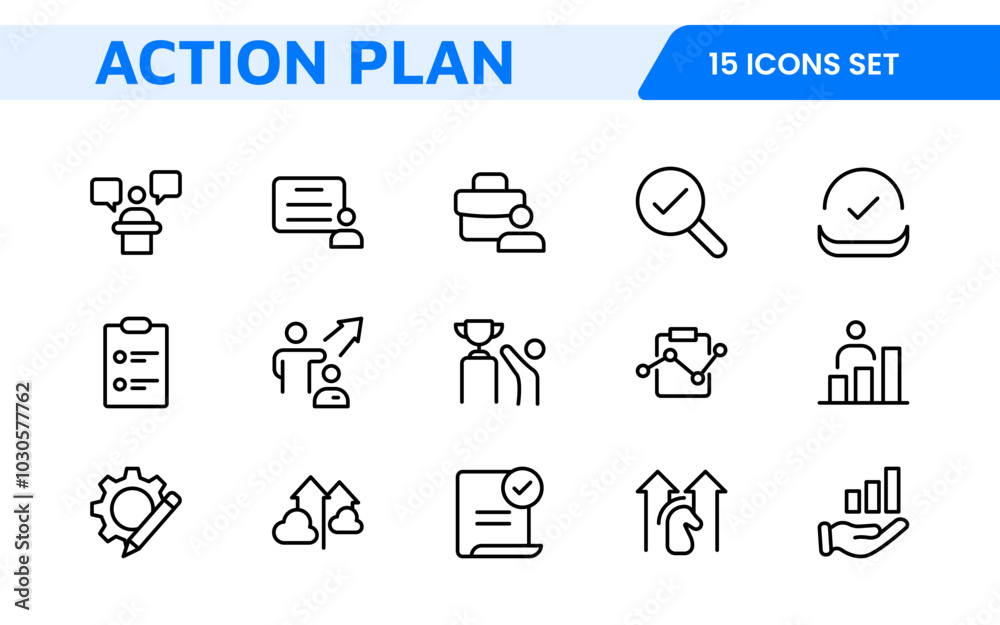 Line icons about action plan. Contains such icons as search strategy, target, scheme, timeline and workflow.Action plan set of web icons in line style. Strategy action planning icons. Line icons about action plan. Contains such icons as search strategy, target, scheme, timeline and workflow.Action plan set of web icons in line style. Strategy action planning icons.