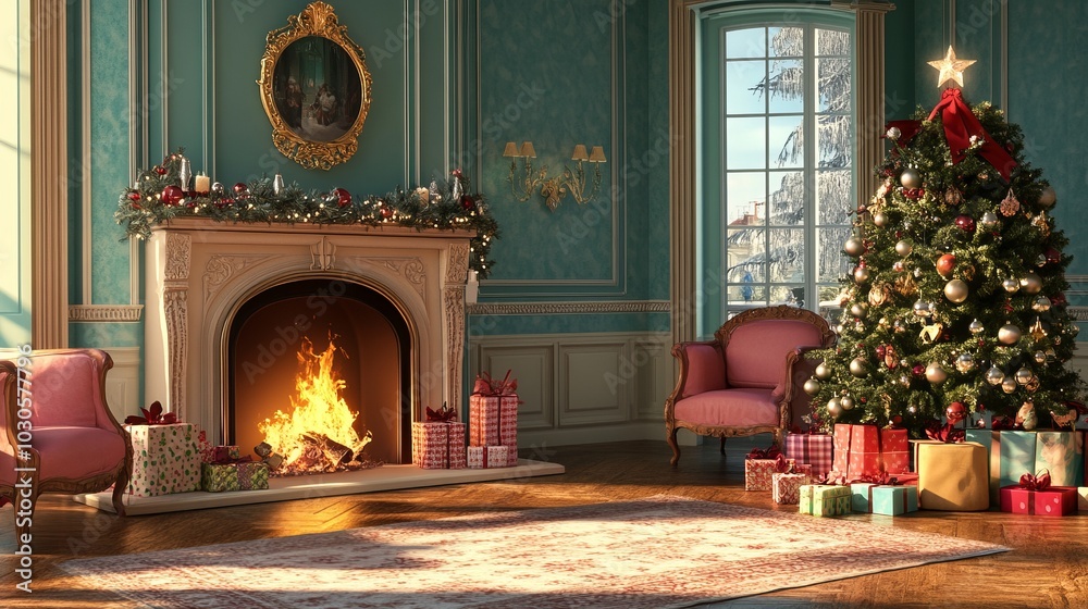 Cozy holiday scene with a decorated tree and fireplace. Cozy holiday scene with a decorated tree and fireplace.