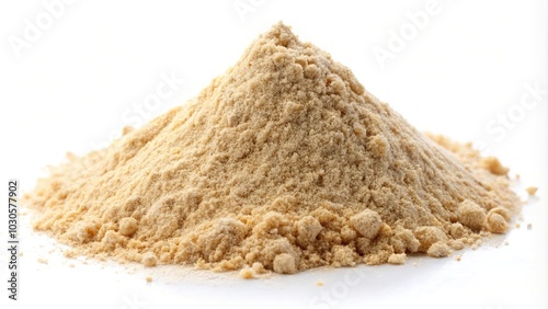 High quality image of Ashwagandha powder pile isolated on white background at a tilted angle