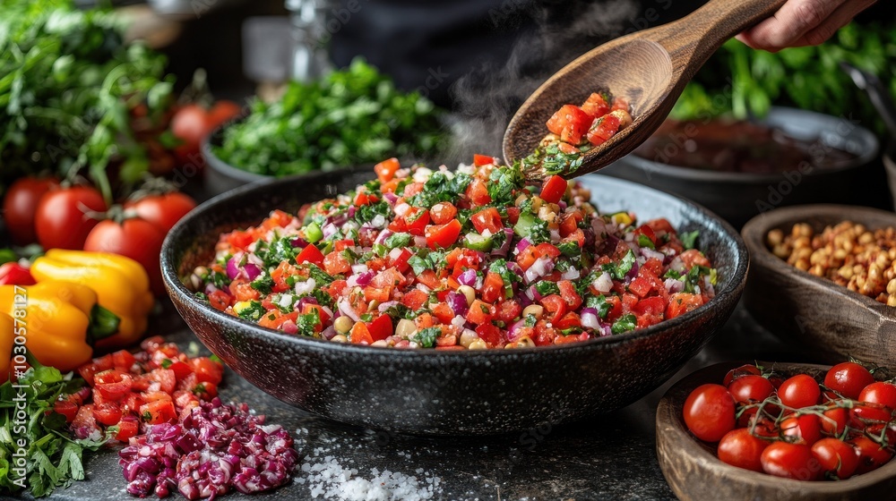 Vibrant salad with colorful vegetables and fine herbs. Vibrant salad with colorful vegetables and fine herbs.
