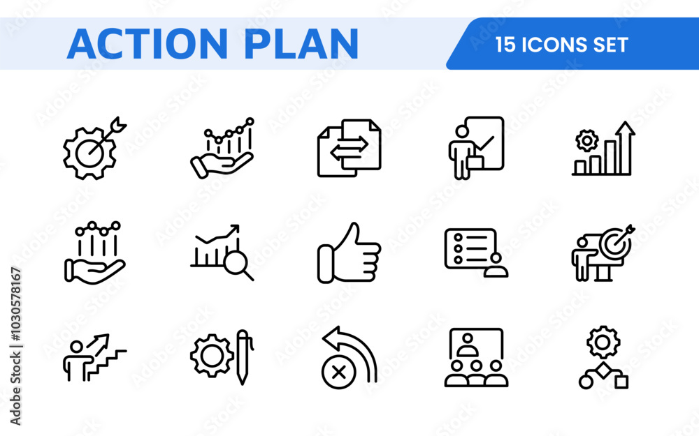 Line icons about action plan. Contains such icons as search strategy, target, scheme, timeline and workflow.Action plan set of web icons in line style. Strategy action planning icons. Line icons about action plan. Contains such icons as search strategy, target, scheme, timeline and workflow.Action plan set of web icons in line style. Strategy action planning icons.