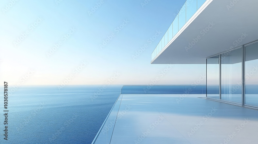 Fototapeta premium Modern balcony overlooking a serene ocean landscape.