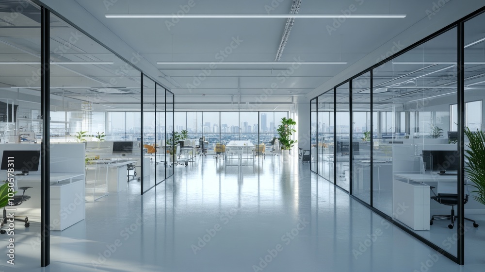Modern office space with glass walls and city view. Modern office space with glass walls and city view.