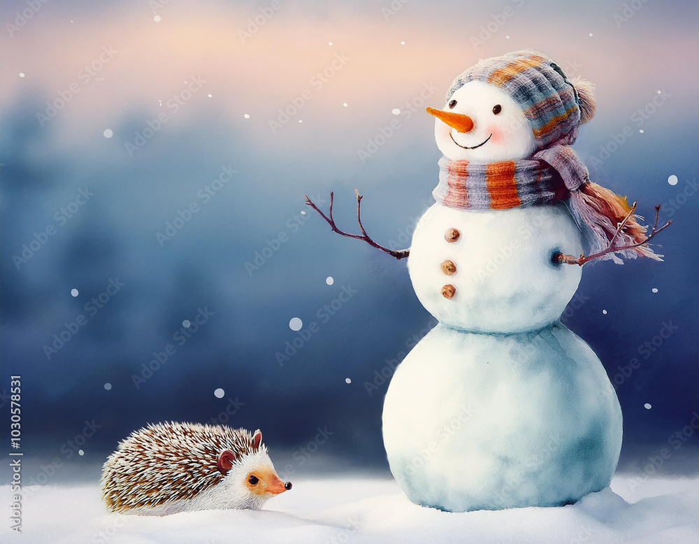 Obraz premium A minimalist snowman with only a scarf, with a tiny hedgehog in the corner,