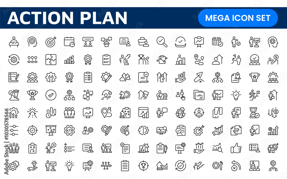 Line icons about action plan. Contains such icons as search strategy, target, scheme, timeline and workflow.Action plan set of web icons in line style. Strategy action planning icons. Line icons about action plan. Contains such icons as search strategy, target, scheme, timeline and workflow.Action plan set of web icons in line style. Strategy action planning icons.