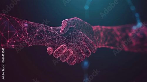Digital handshake with red network visualization effect.