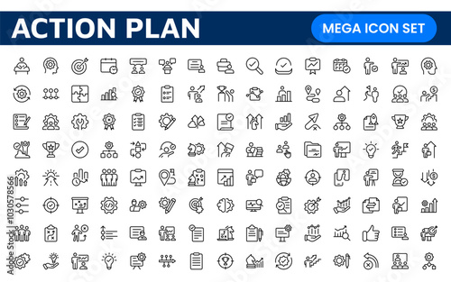Line icons about action plan. Contains such icons as search strategy, target, scheme, timeline and workflow.Action plan set of web icons in line style. Strategy action planning icons.