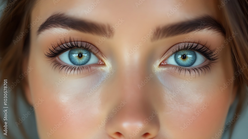 Naklejka premium a person’s face focusing on the blue eyes, with detailed eyelashes and eyebrows, highlighting the beauty and intricacy of human eyes