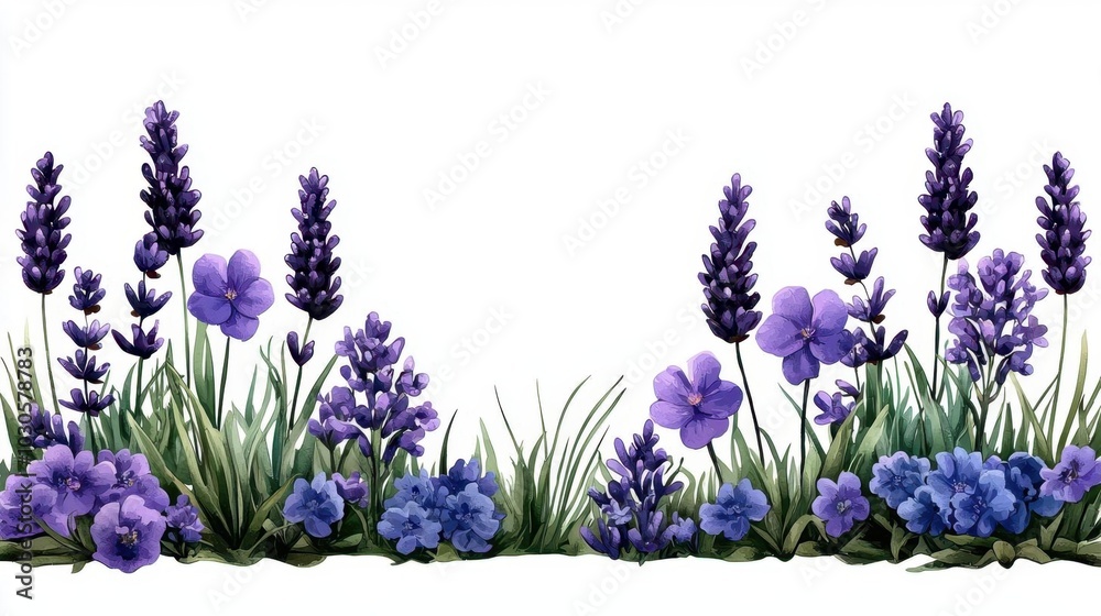 Naklejka premium A watercolor landscape of a field of lavender with rolling hills in the background, isolated on white background