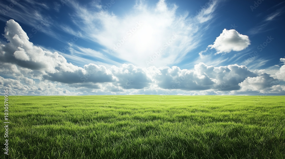 A serene green landscape with a bright, cloud-streaked sky above, capturing the tranquility of untouched nature and the boundless expanse of open space. A serene green landscape with a bright, cloud-streaked sky above, capturing the tranquility of untouched nature and the boundless expanse of open space.