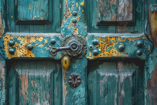 Old, weathered, green door with peeling paint showing an antique door handle and key