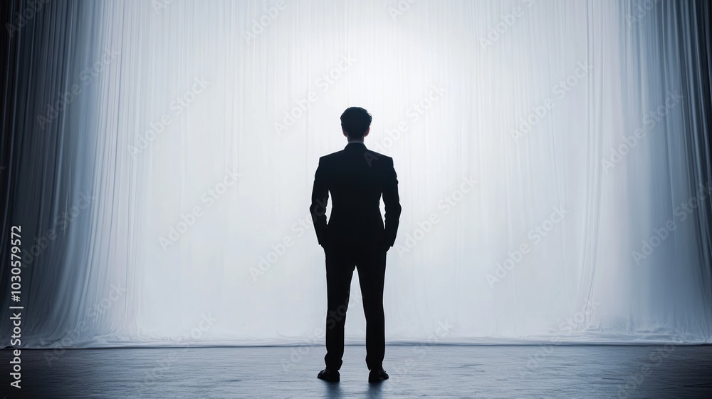 A magician in a black suit and black hat, seen from behind with arms outstretched standing against a white background. The image depicts a magician performing a magic trick A magician in a black suit and black hat, seen from behind with arms outstretched standing against a white background. The image depicts a magician performing a magic trick
