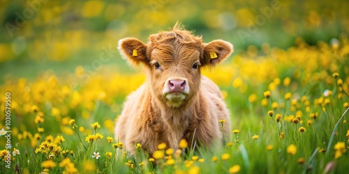 highland cow calf in meadow with spring flowers, high angle view photo