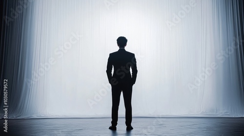 A magician in a black suit and black hat, seen from behind with arms outstretched standing against a white background. The image depicts a magician performing a magic trick