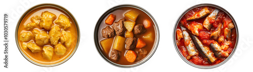 close-up top view of a can of chicken curry with chunks of meat, beef stew with vegetables, and sardines in tomato sauce, on isolated background, perfect for food packaging, commercial design, or adve photo