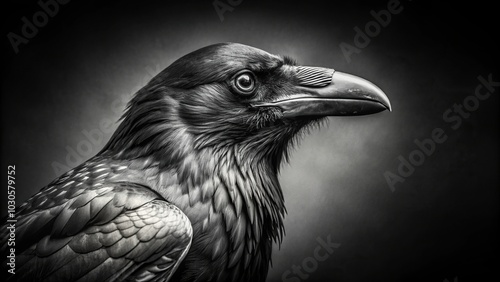 Highly detailed black and white photography of an asymmetrical raven photo