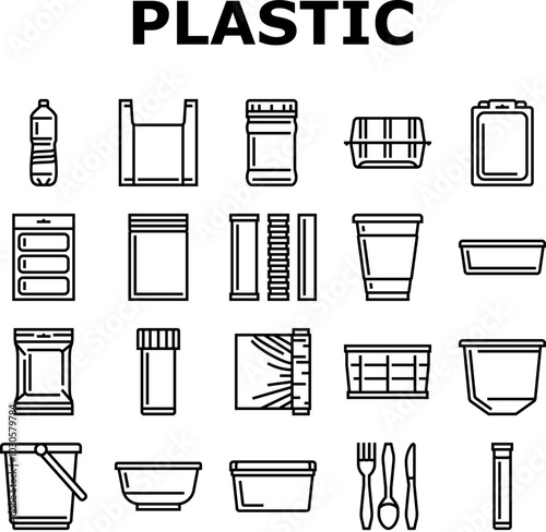 plastic packaging food container icons set vector. bag bottle, pack box, product, tableware jar, blister, tray, sachet, wrap, pod tub plastic packaging food container black contour illustrations