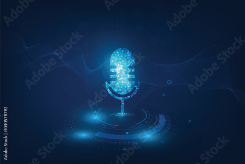 A digital, glowing microphone with a futuristic design set against a dark blue background with abstract tech elements. 