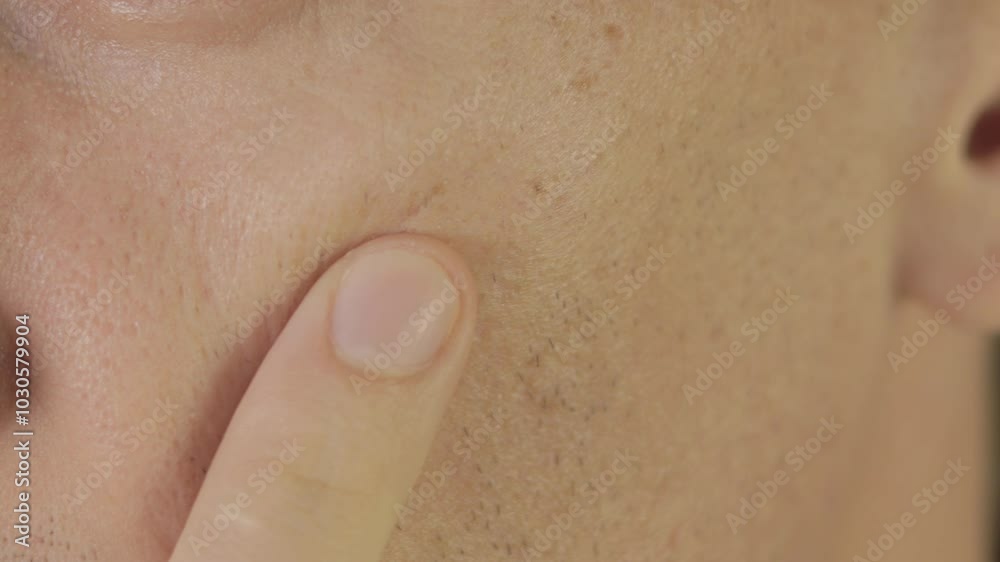 Scars after acne on mans face skin. Problem skin treatment. Close up.