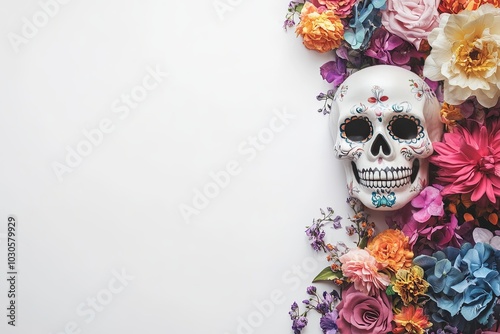 A vibrant sugar skull and floral bouquet on a white background, with ample copy space for text. Ideal for Day of the Dead or festive designs.