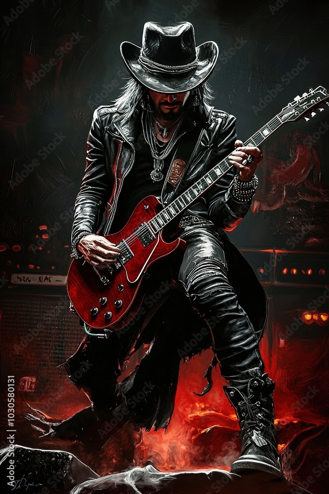 Fototapeta premium Blues guitarist playing guitar on stage. He is wearing black leather suit and leather hat. Illustrated grunge poster design. Generative Ai