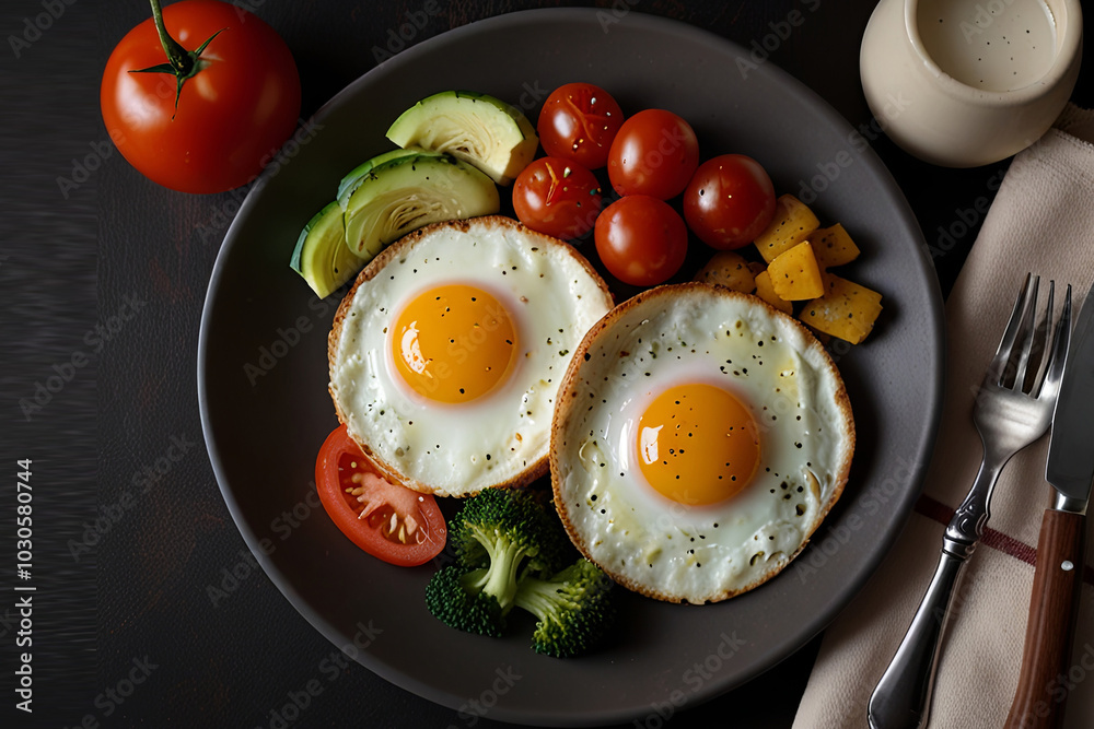 Hearty Breakfast Plate Sunny-Side-Up Eggs, Sausage, and Fresh Vegetables Hearty Breakfast Plate Sunny-Side-Up Eggs, Sausage, and Fresh Vegetables