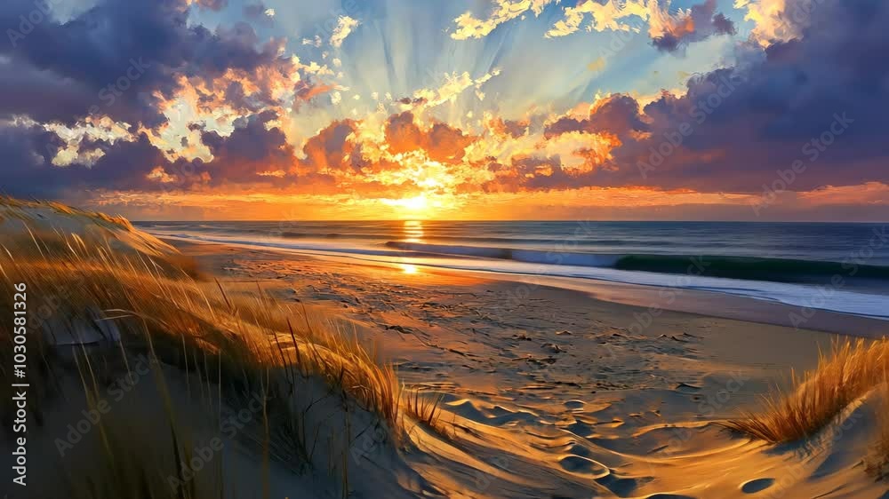 A breathtaking sunset paints the sky with vibrant colors over the ocean and sandy beach A breathtaking sunset paints the sky with vibrant colors over the ocean and sandy beach