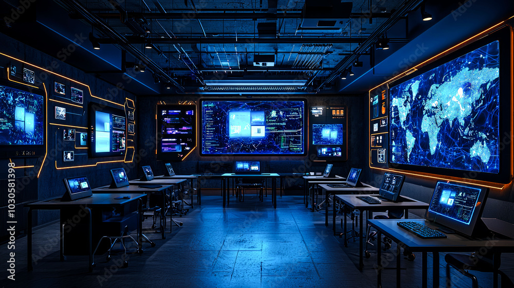 High-tech control room with multiple screens. High-tech control room with multiple screens.