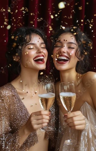 Two joyful friends celebrate at a festive party with champagne and confetti in the evening