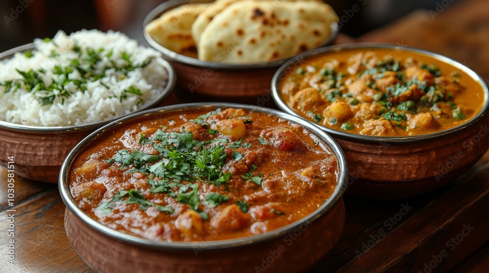 Assortment of Indian Food Dishes in Bowls Featuring Curries, Rice, and Naan Assortment of Indian Food Dishes in Bowls Featuring Curries, Rice, and Naan