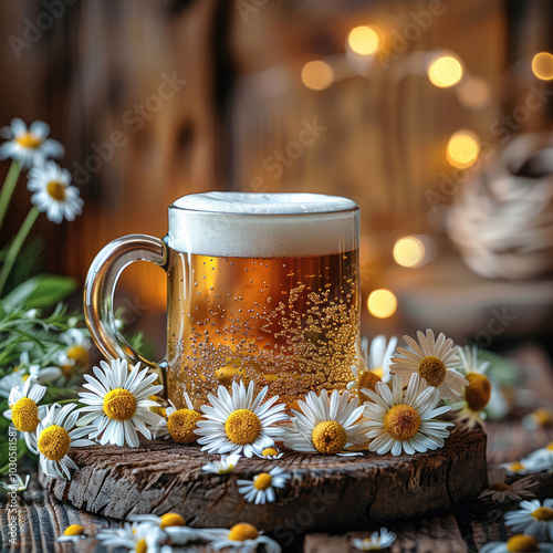 The concept of a winter cold healing drink using chamomile tea and flowers on a wooden rustic background, a stylized effect of natural medicine and naturopathy.