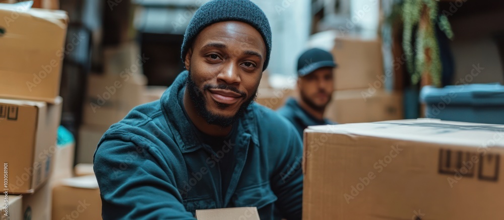 A young man with a beard wearing a beanie and blue jacket looks directly at the camera while standing in a warehouse filled with boxes. A young man with a beard wearing a beanie and blue jacket looks directly at the camera while standing in a warehouse filled with boxes.