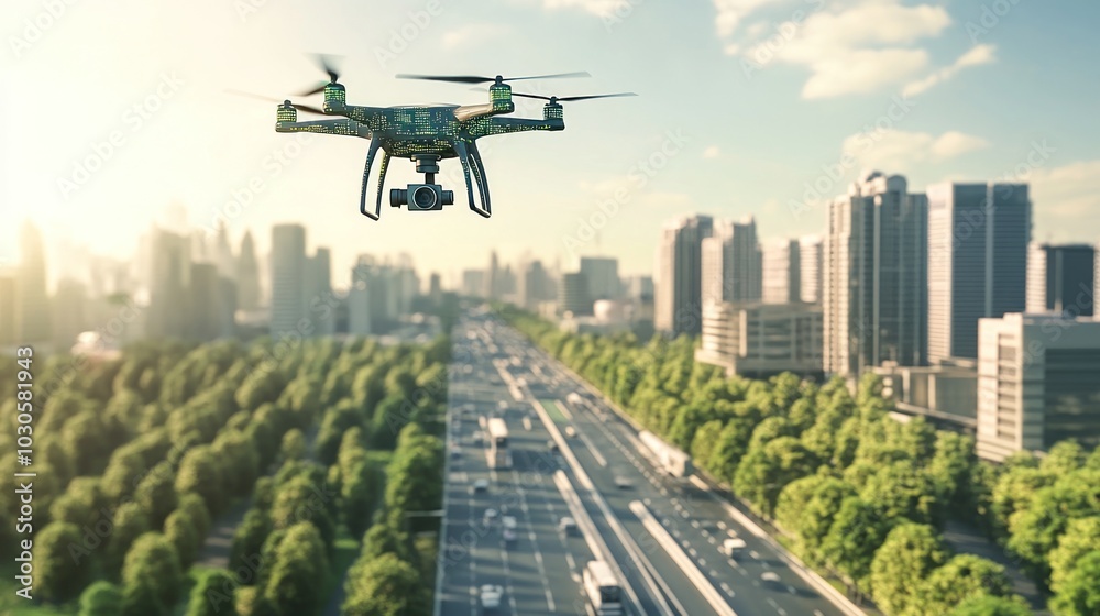 A drone flies over a cityscape with a camera attached to it, capturing aerial views of the busy city. A drone flies over a cityscape with a camera attached to it, capturing aerial views of the busy city.