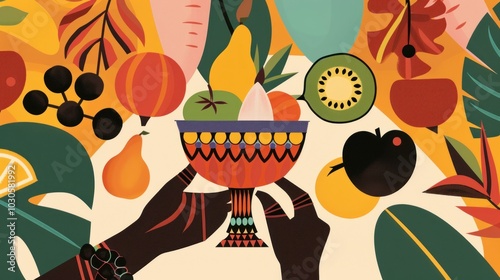 Colorful abstract illustration of diverse fruits and hands holding cup (Kikombe cha Umoja), highlighting the Kwanzaa feast photo