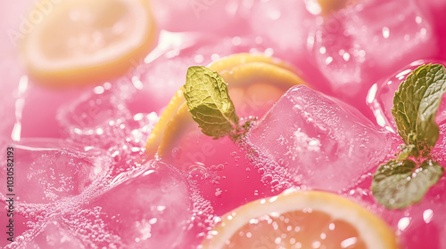 Pink lemonade with ice garnished with lemon and mint photo