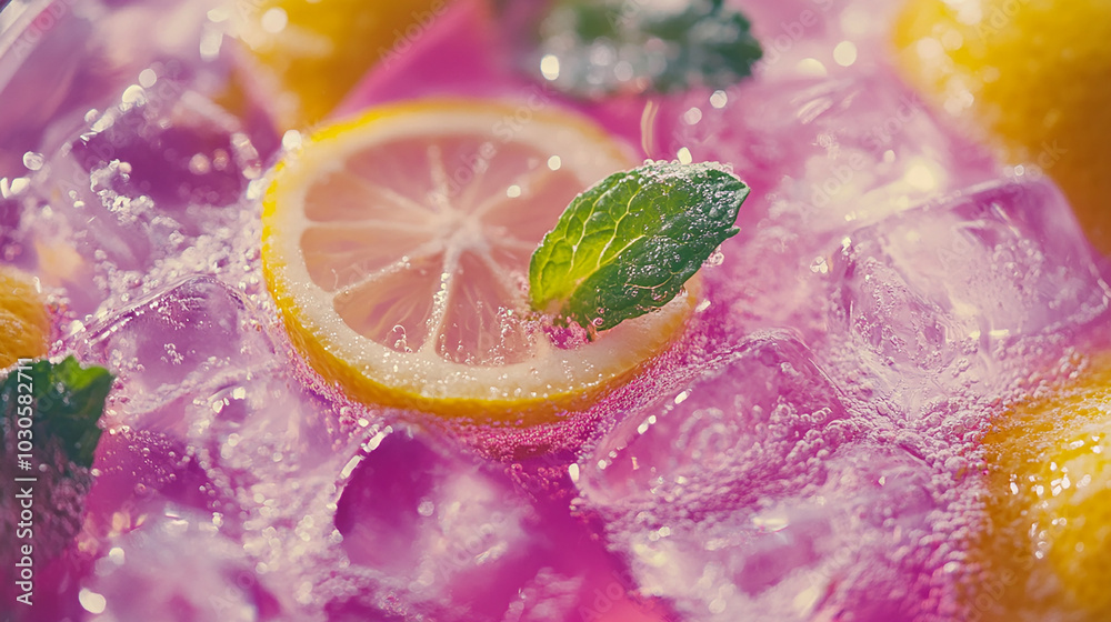 Pink lemonade with ice garnished with lemon and mint