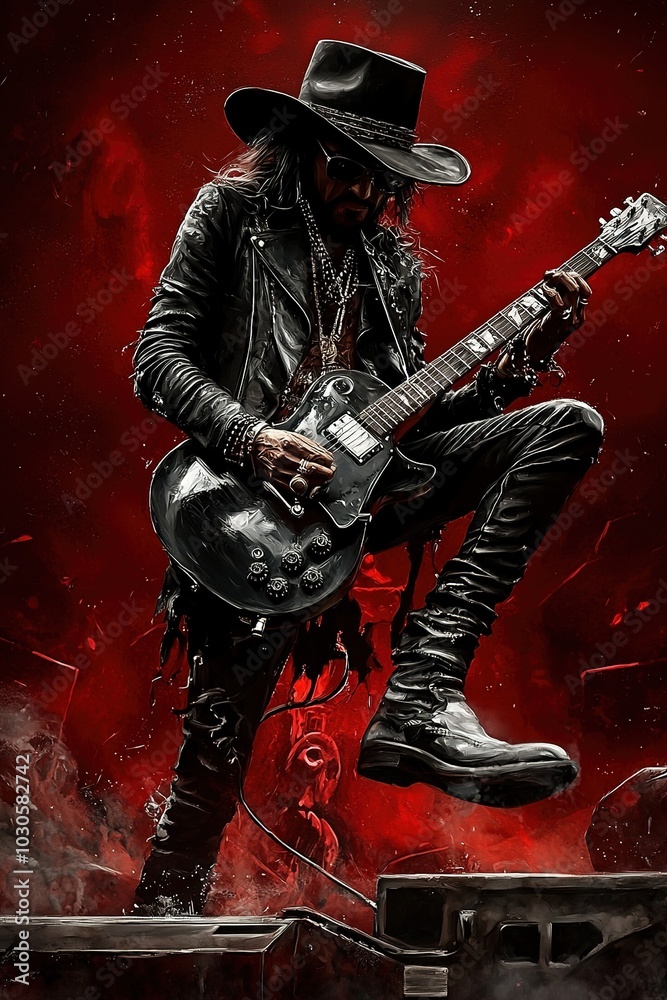 Fototapeta premium Blues guitarist playing guitar on stage. He is wearing black leather suit and leather hat. Illustrated grunge poster design. Generative Ai
