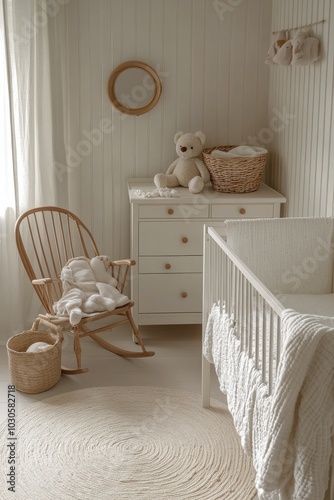 Cozy nursery with a rocking chair, teddy bears, and neutral decor for a calm atmosphere