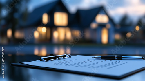 A focused shot on a clipboard filled with property documents and a pen on a table, with the soft outlines of a house in the background at dusk, highlighting the importance of homeo photo