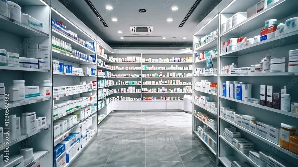 A pharmacy aisle with rows of white shelves stocked with medicine bottles and boxes A pharmacy aisle with rows of white shelves stocked with medicine bottles and boxes