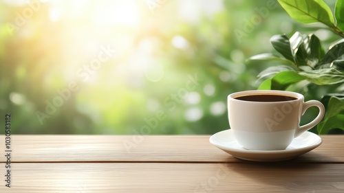 Coffee cup on wooden table, sunlight shining.