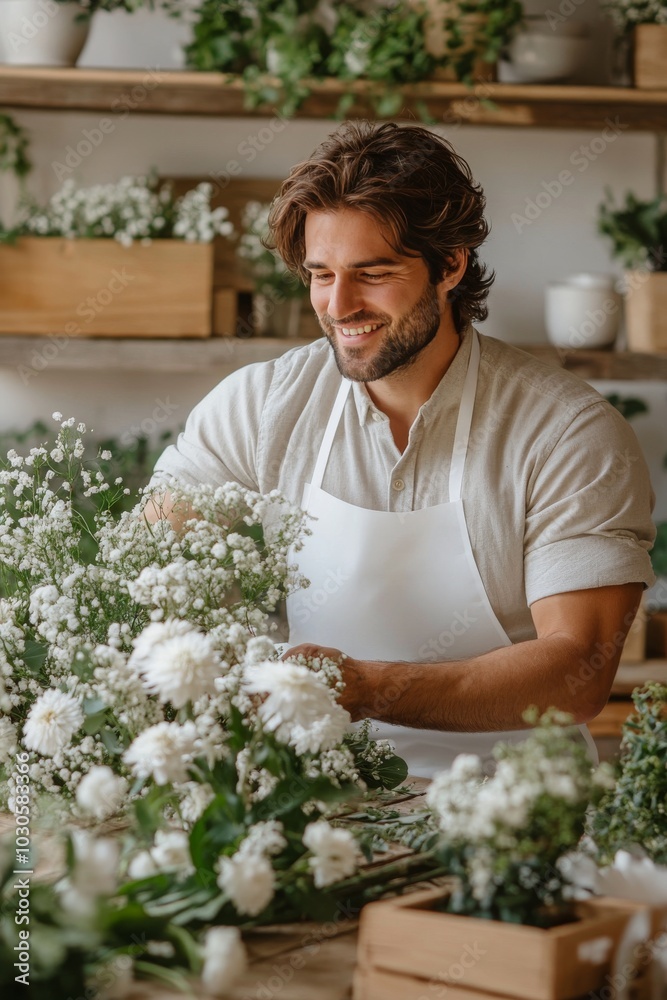 Smiling florist arranging delicate flowers in a cozy shop filled with greenery Smiling florist arranging delicate flowers in a cozy shop filled with greenery