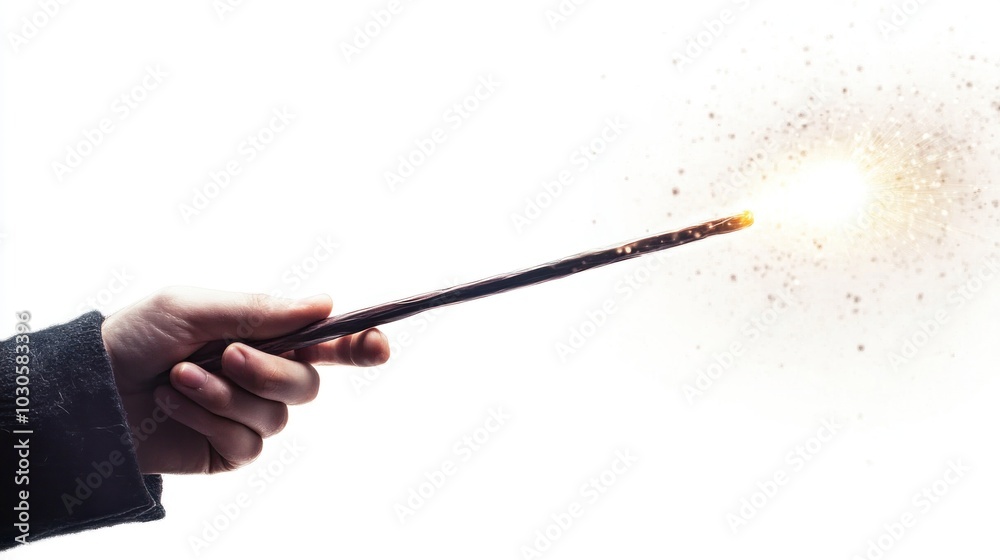 A hand holding a magic wand with light shining from it, spectacularly stunning against a white background. A hand holding a magic wand with light shining from it, spectacularly stunning against a white background.
