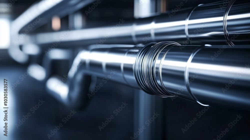 A detailed shot of ductwork with smooth, polished surfaces, focusing on the junctions and airflow optimization in modern HVAC systems for home and industrial use. A detailed shot of ductwork with smooth, polished surfaces, focusing on the junctions and airflow optimization in modern HVAC systems for home and industrial use.