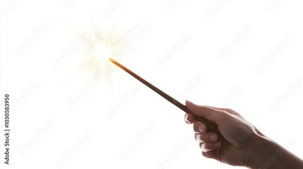 A hand holding a magic wand with light shining from it, spectacularly stunning against a white background. A hand holding a magic wand with light shining from it, spectacularly stunning against a white background.