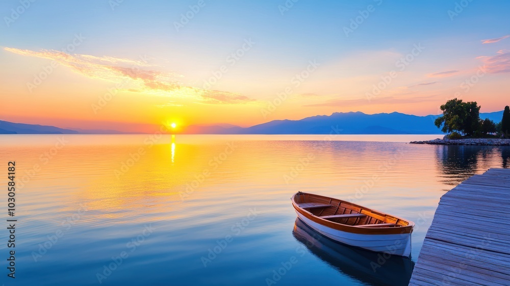 Serene sunset over calm lake with a boat. Serene sunset over calm lake with a boat.