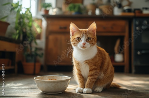 A curious orange cat sits beside its empty food bowl in a cozy kitchen during daylight hours