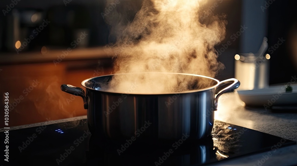 Cooking dinner. Pot with boiling water on cooktop in kitchen Cooking dinner. Pot with boiling water on cooktop in kitchen