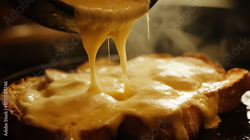 Raclette cheese melting and poured over bread savory