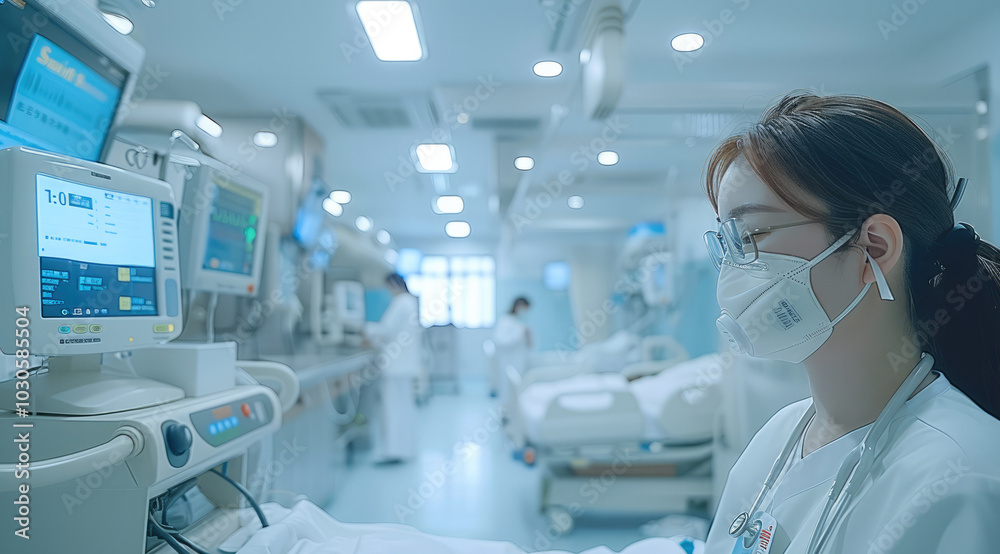 Chinese hospital, respiratory department room, video endotracheal tubes, professional medical equipment, doctors rescuing patients. Chinese hospital, respiratory department room, video endotracheal tubes, professional medical equipment, doctors rescuing patients.